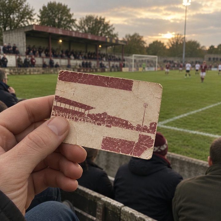 Illustrative scene of a hand holding a worn football admission stub beside a local pitch